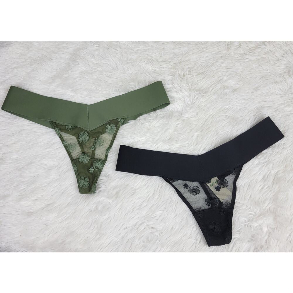 Aerie Floral Embroidered Mesh Thong Underwear Set Olive Green Black 2 Pack